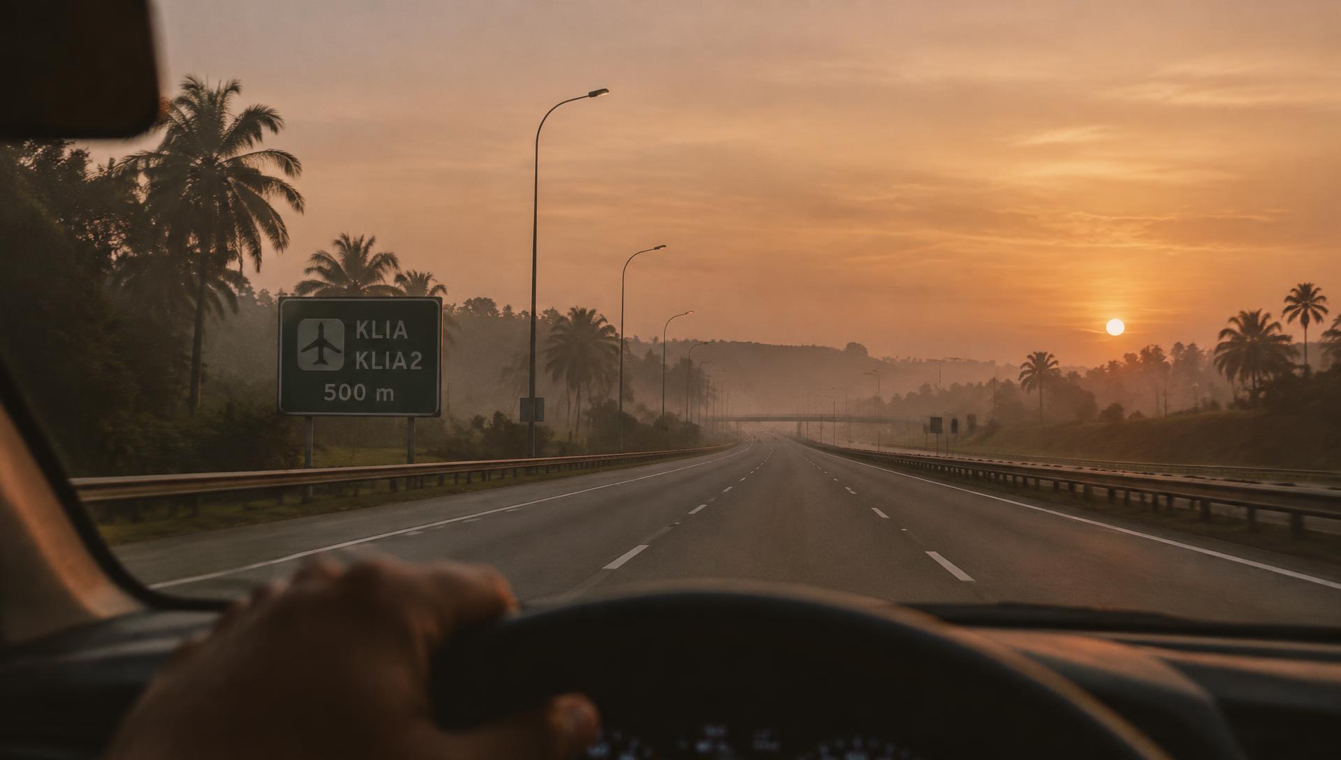 Lebuh raya pagi menuju lapangan terbang dari dalam kereta
